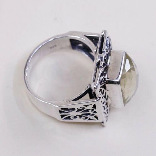 Sz 9, Vtg Sterling Silver Handmade Ring, 925 W/ Checker Cut Chalcedony Aqua