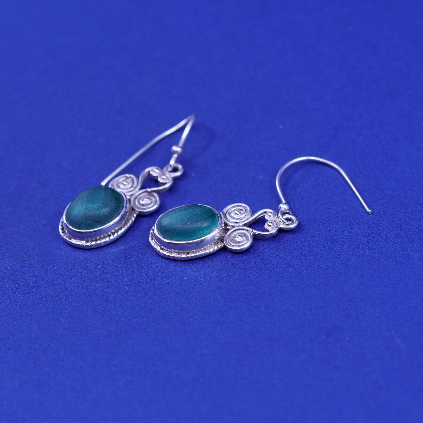 Vintage mexico sterling silver handmade earrings, 925 dangles oval malachite