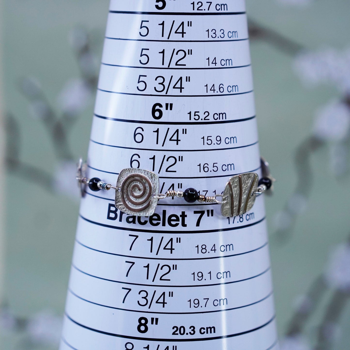 6.75”, Vintage sterling 925 silver square discs bracelet with copper shapes
