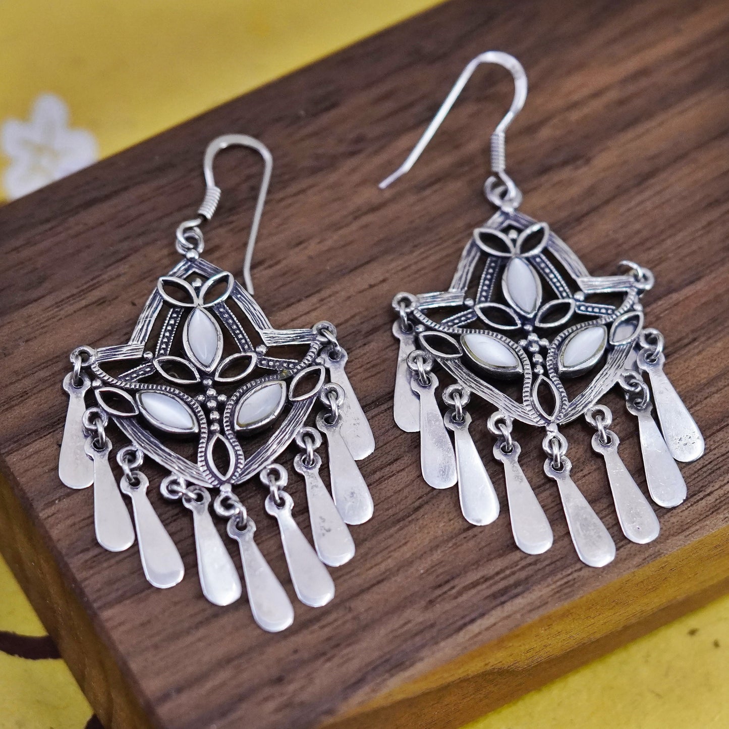 Vintage Sterling 925 Silver Handmade Earrings with mother of pearl fringe