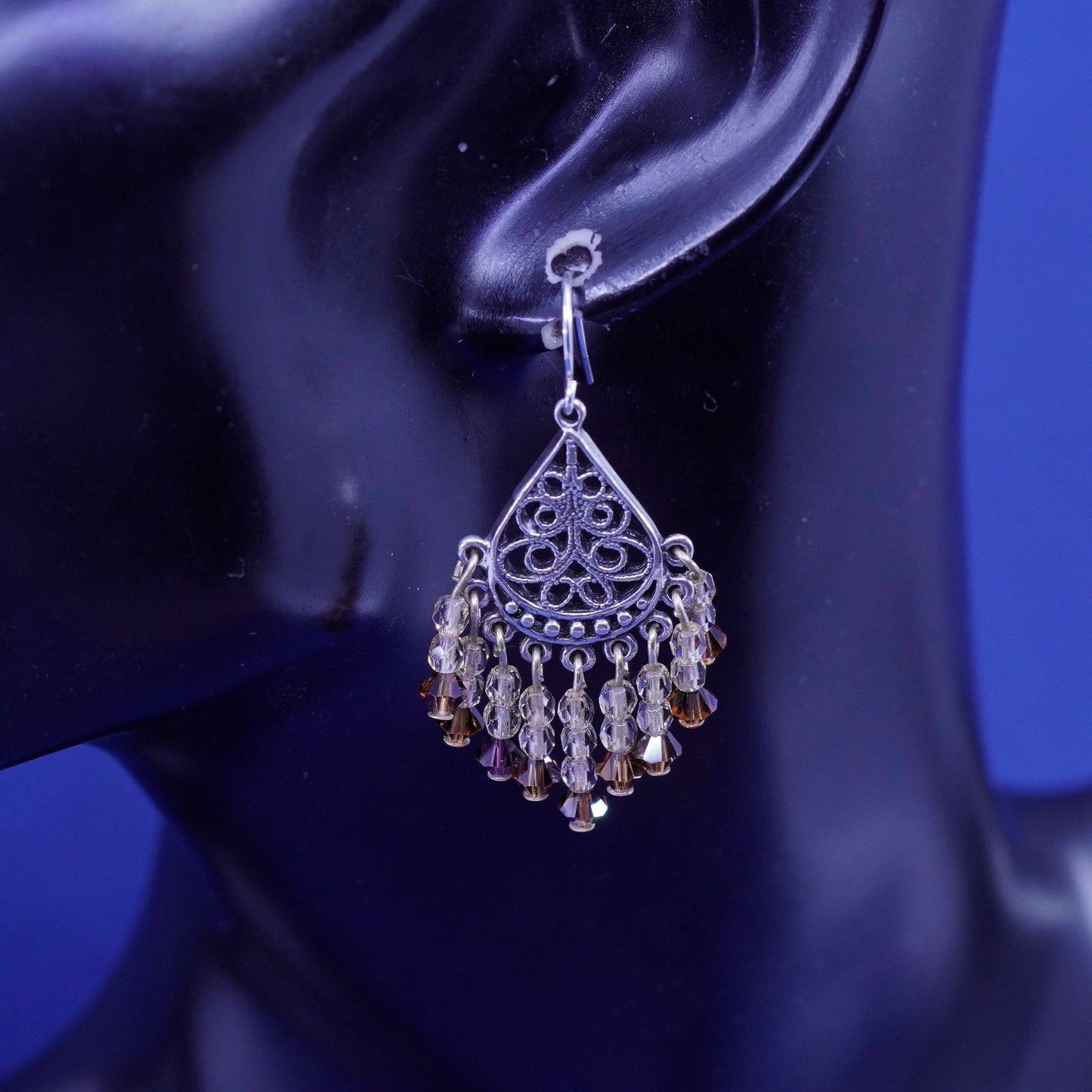 Sterling silver handmade earrings, 925 filigree teardrop disk cluster crystal