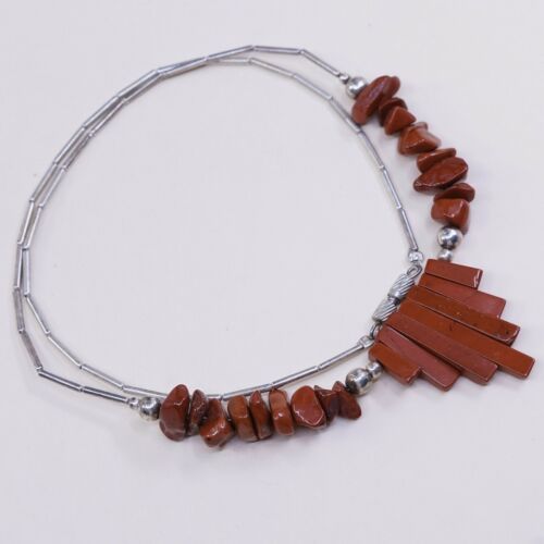 20”, Native American Sterling silver Bar Link necklace W/ Coral Long Bar Pendant