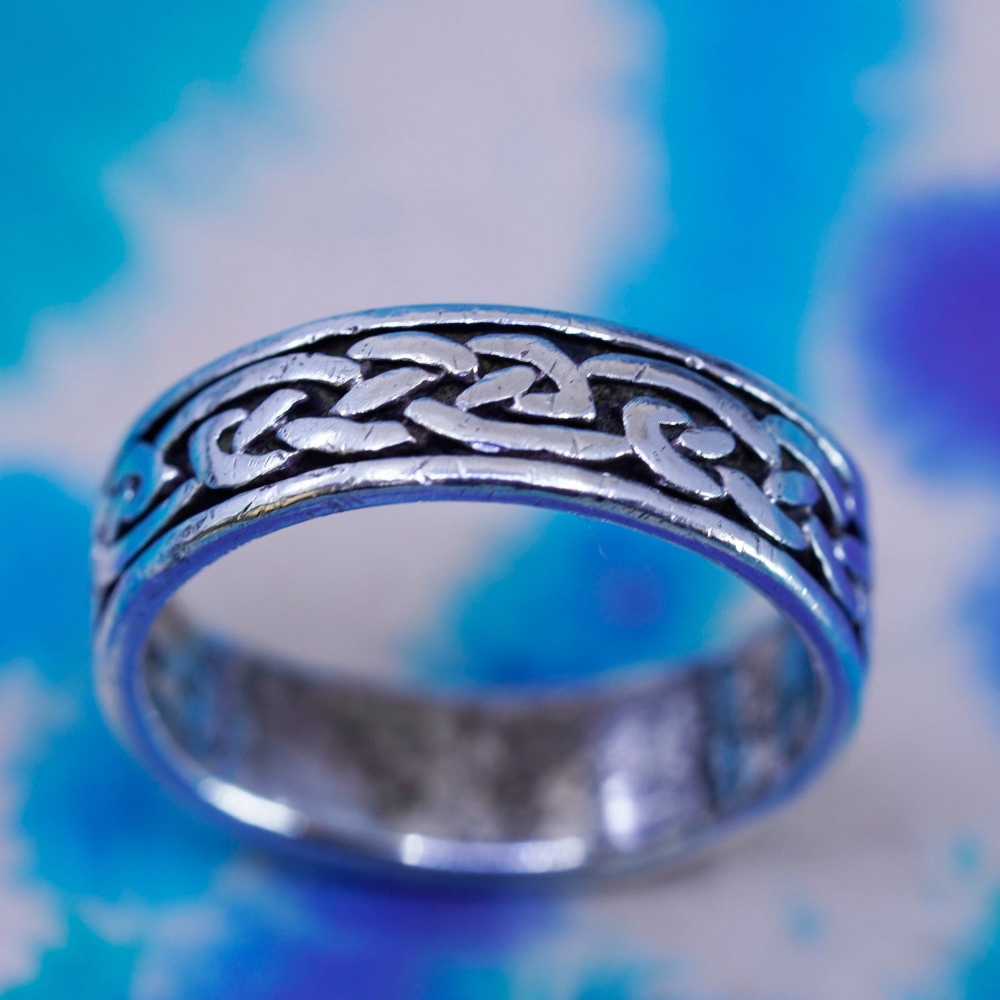 Size 8, vintage wheeler Sterling silver handmade ring, 925 band pattern relief