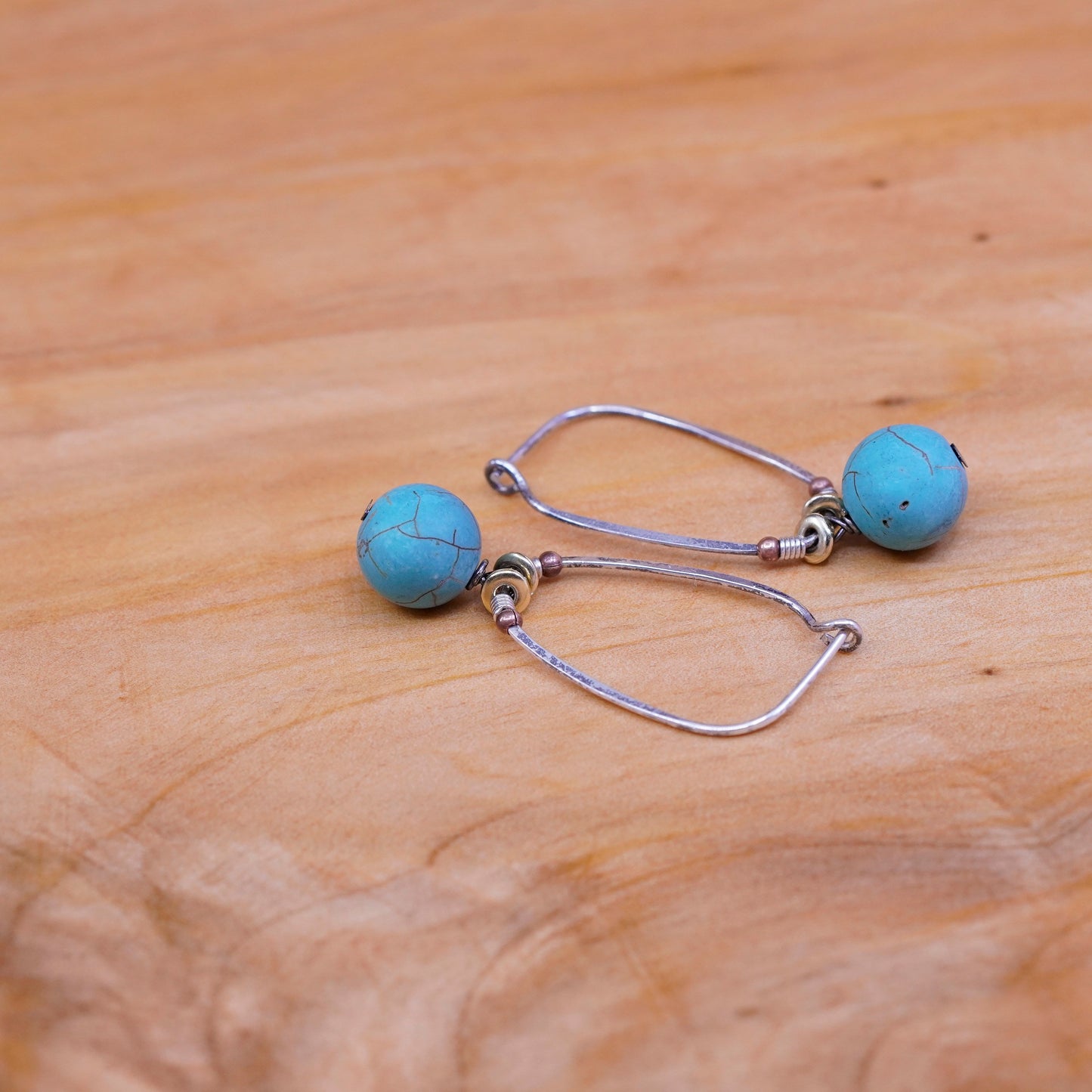 Vintage Sterling silver handmade earrings, 925 hoops with turquoise beads