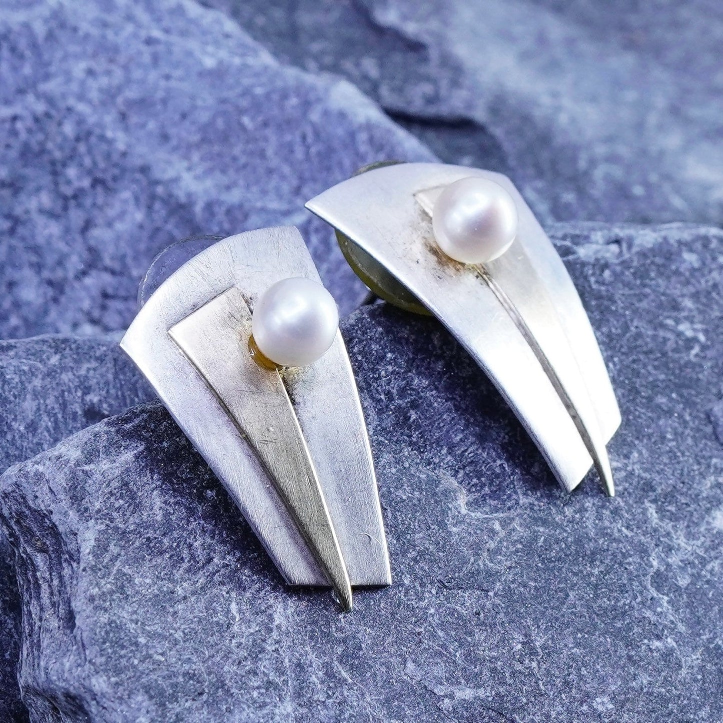 two tone 14K gold with sterling silver modern earrings, 925 studs with pearls