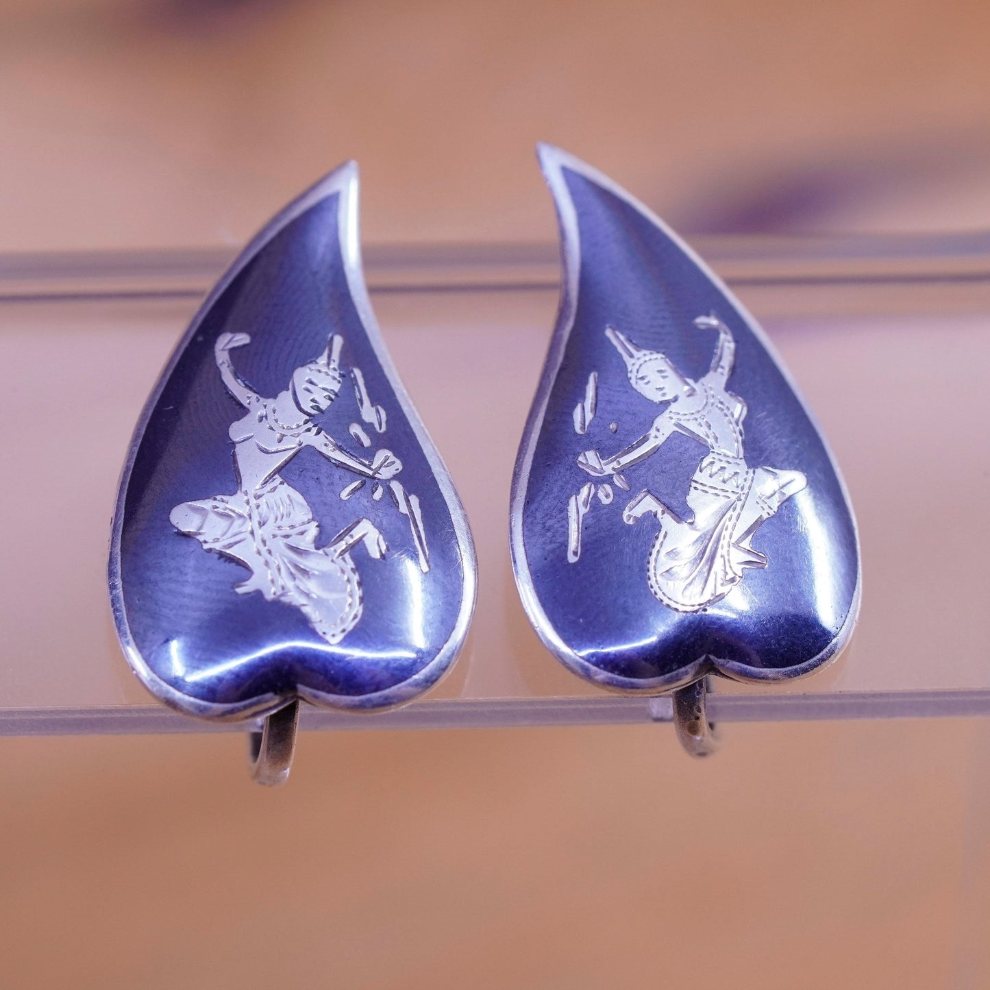 Vintage Siam sterling silver clip on earrings, 925 teardrop earrings, niello