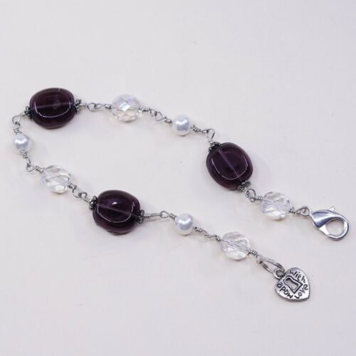 7.25”, Vtg Sterling Silver Handmade bracelet 925 Clasp W/ Pearl N Crystal