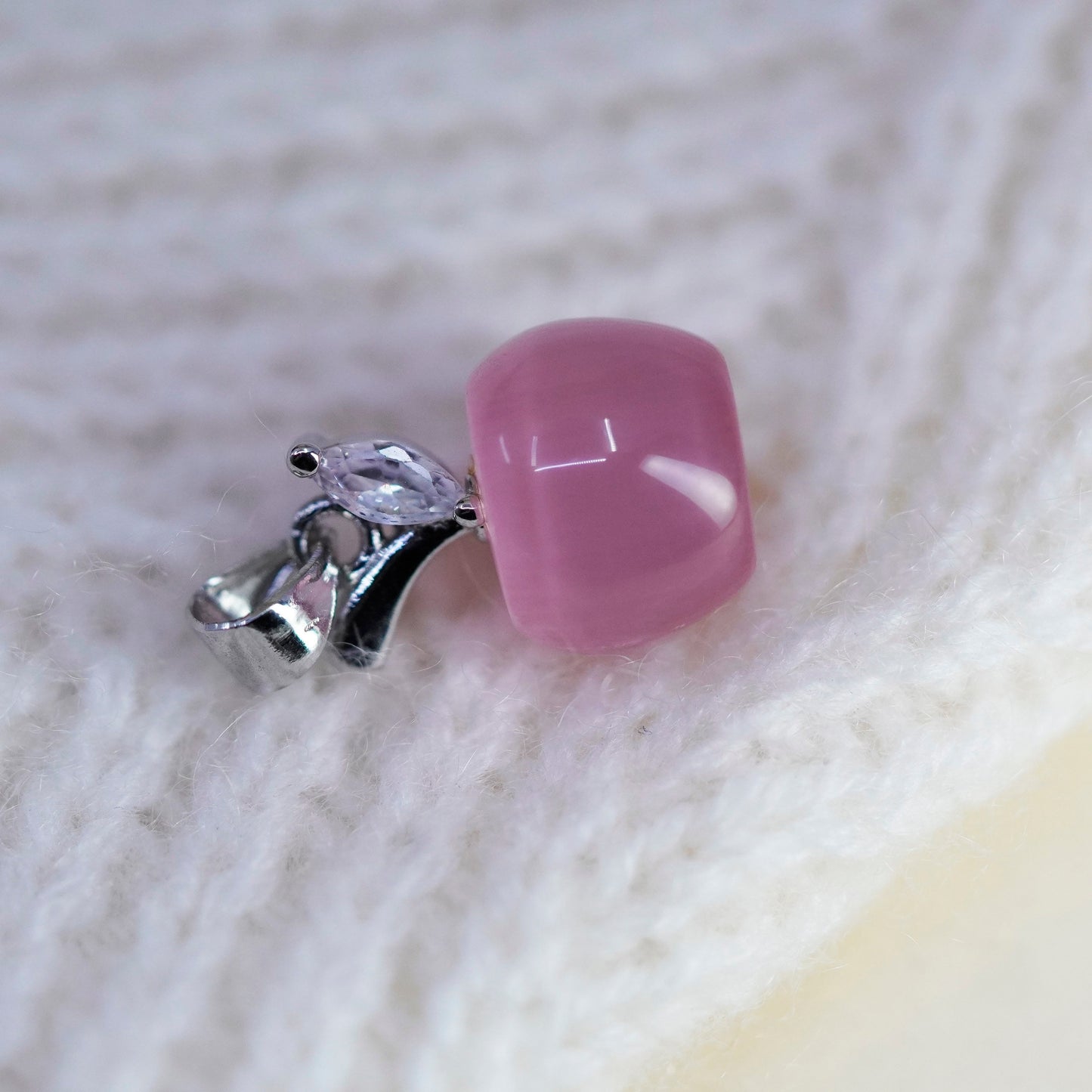 Vintage sterling silver Apple with pink cats eye, 925 handmade pendant