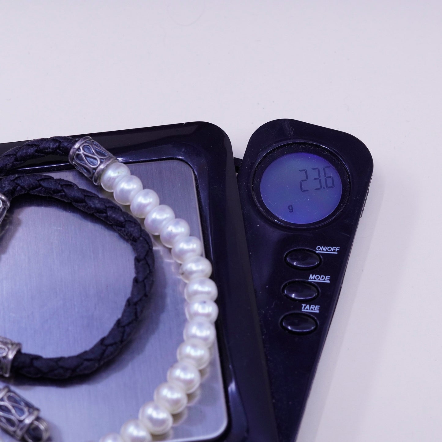 Vintage Braided Black Leather necklace with Pearl and Sterling 925 silver clasp