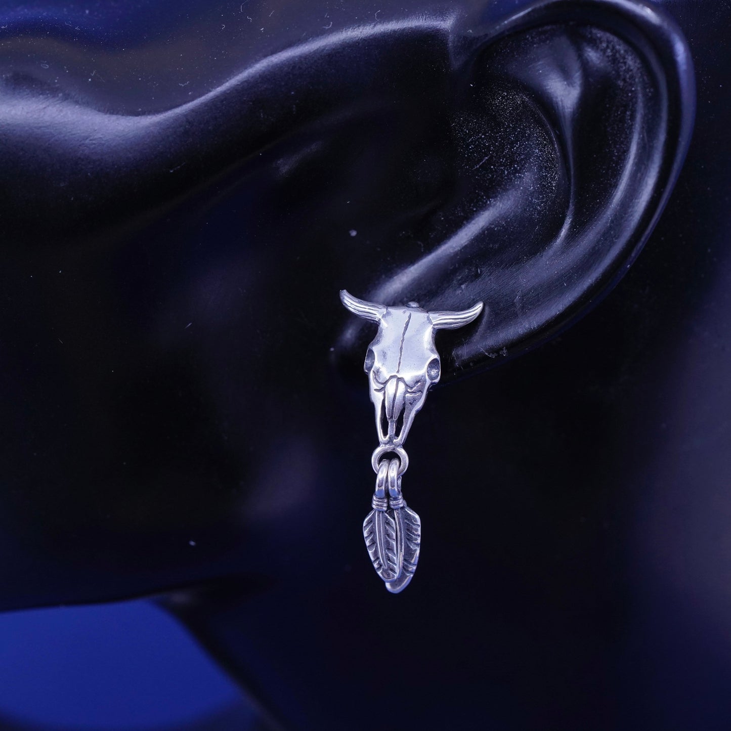 native Sheila Tso Masha Sterling silver earrings, 925 bull skull studs feathers