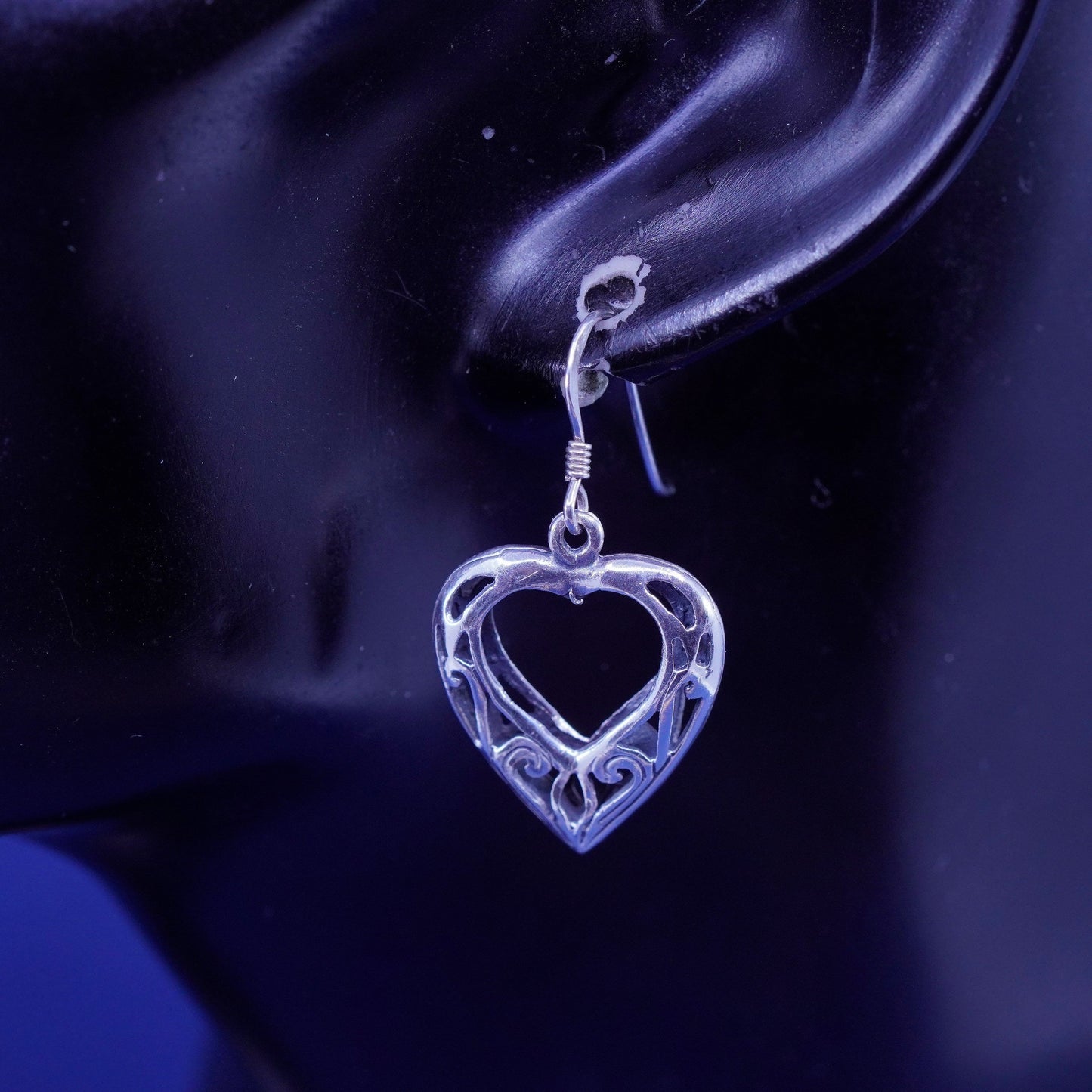 Vintage Sterling silver handmade earrings, 925 Bali filigree heart drops