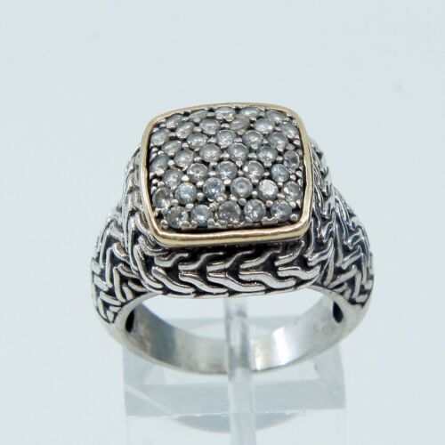 Sz 6.75, Vtg Sterling Ring with 10K gold accent, 925 Silver W/ Cluster Cz Inlay
