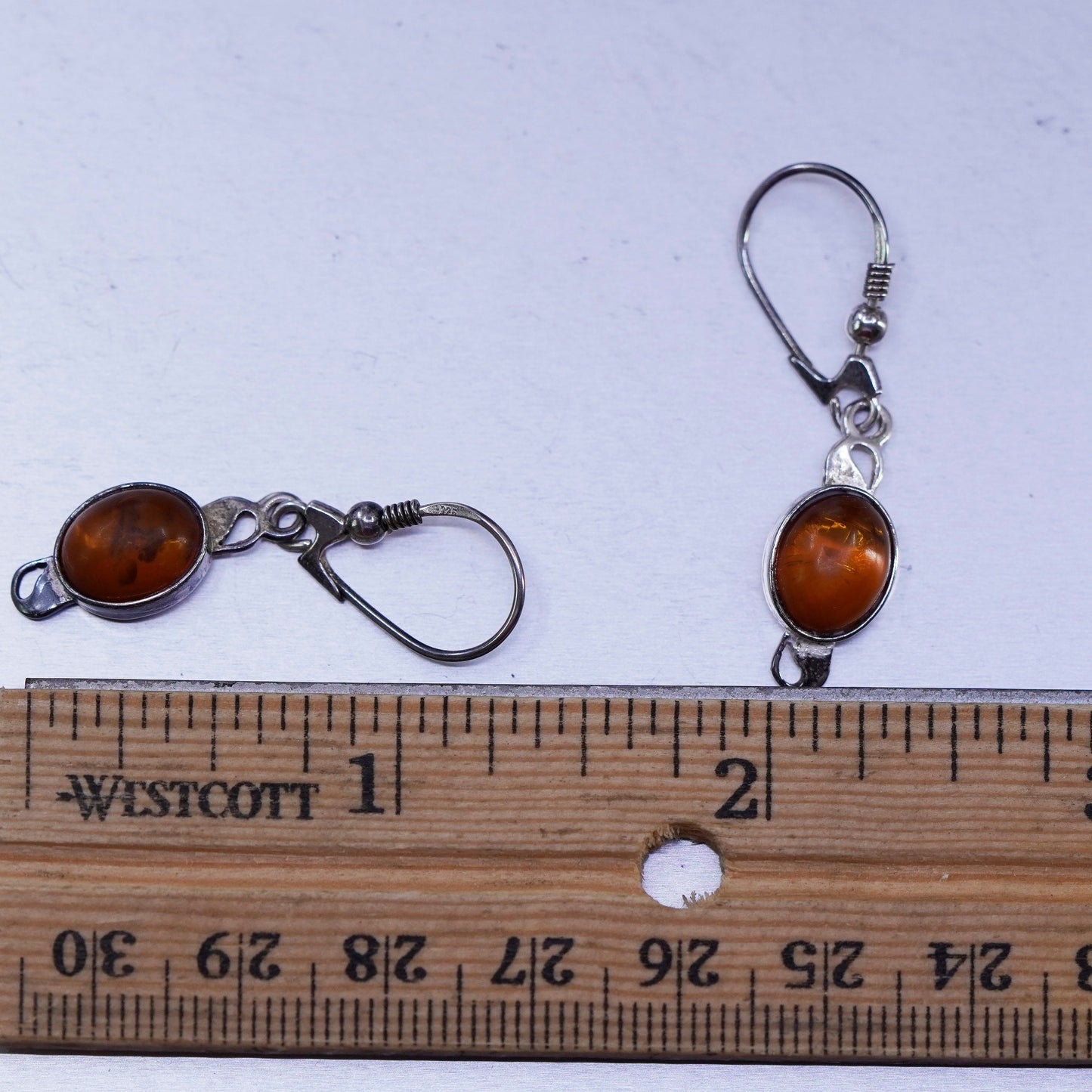 Vintage Sterling 925 silver handmade earrings with oval Amber