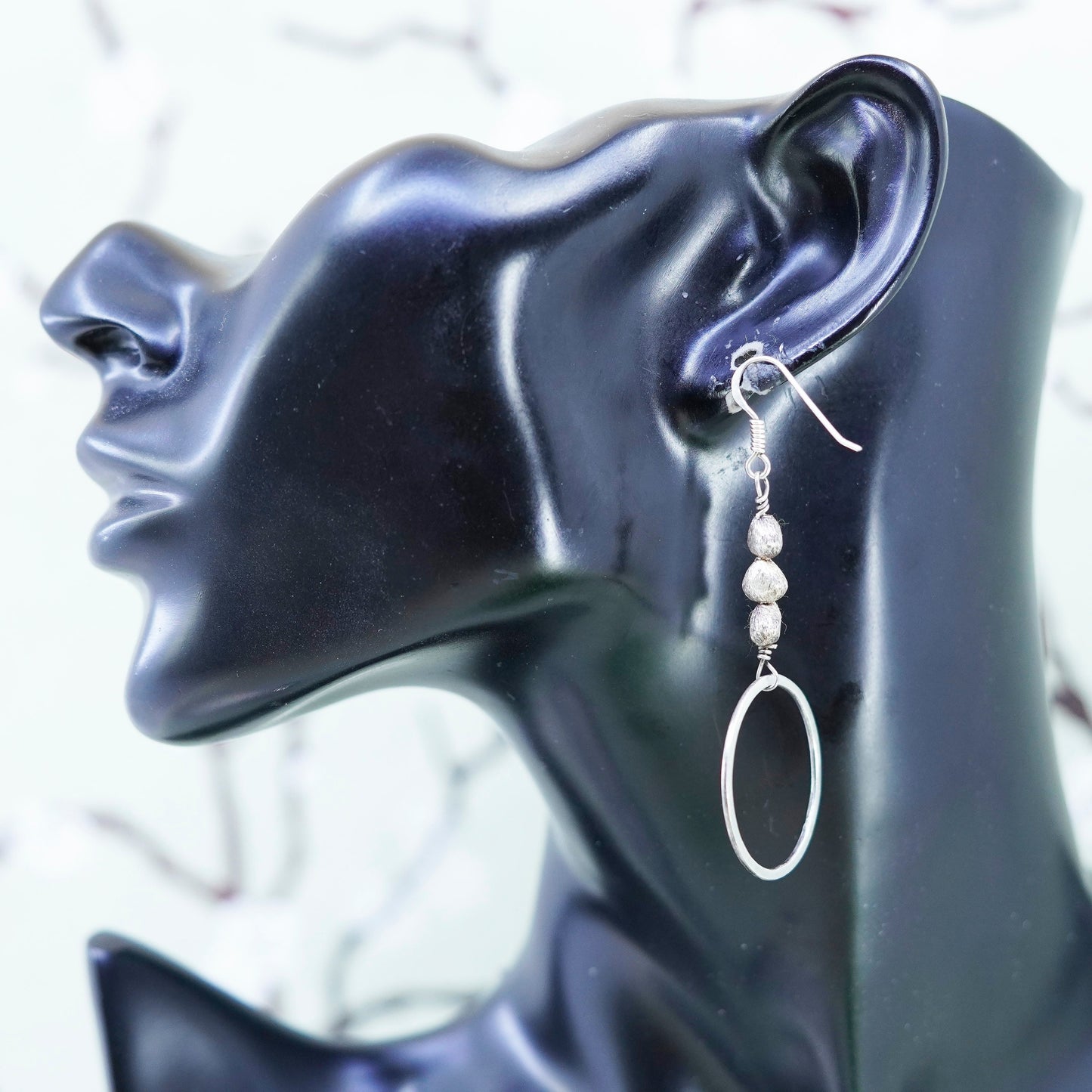 Vintage sterling silver handmade earrings, 925 matte circle dangles with beads