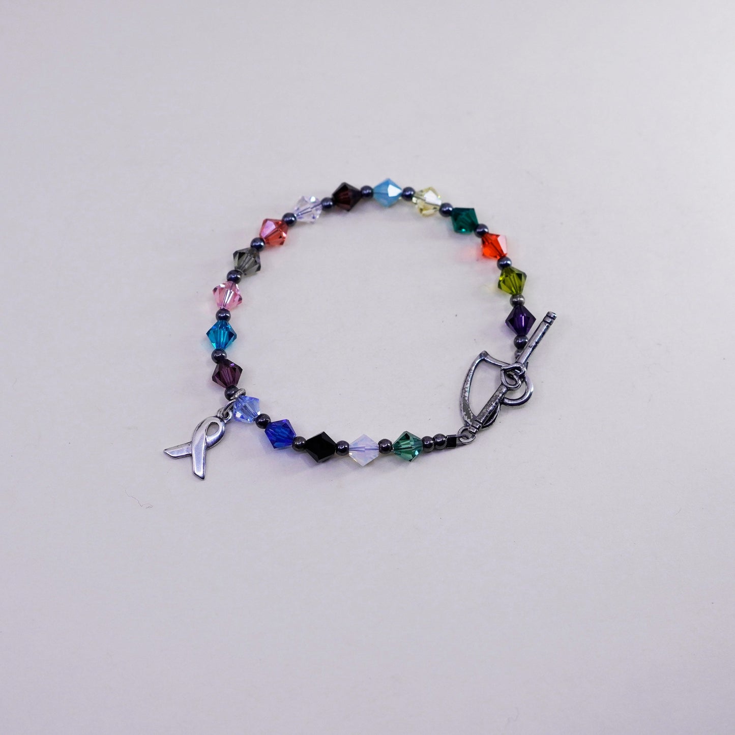 6.5”, Sterling 925 silver bracelet, colorful crystal breast cancer ribbon charm