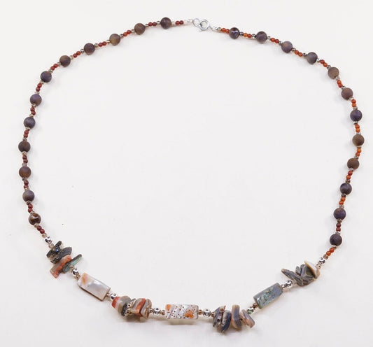 26”,vtg handmade golden tiger eye abalone beads necklace w/ 925 sterling clasp