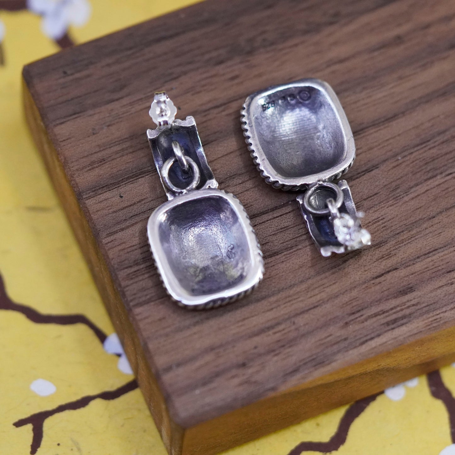 Vintage Sterling silver handmade earrings, 925 rectangular drops with cable