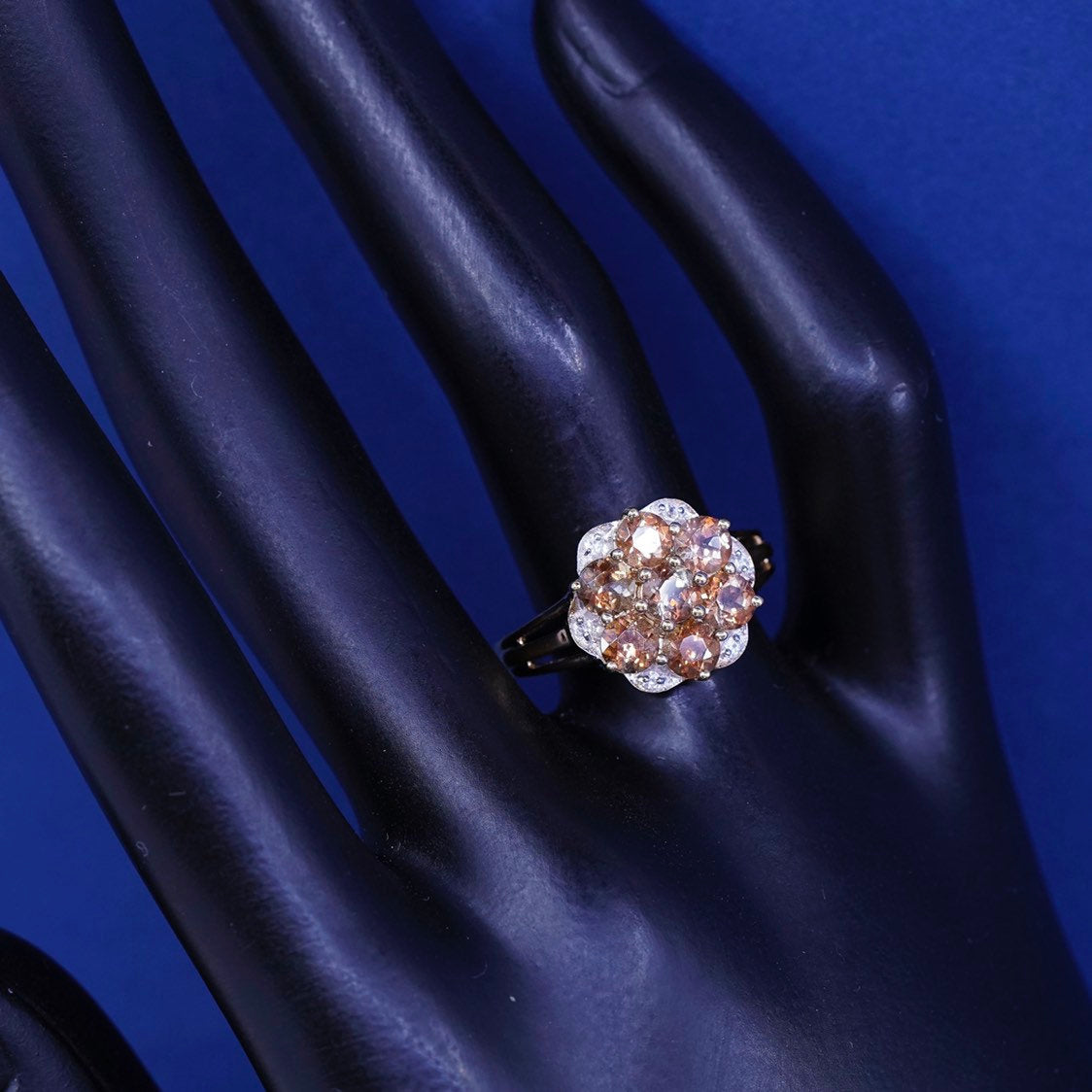 sz 7.25, vermeil gold sterling silver ring, 925 w/ orange topaz flower diamond