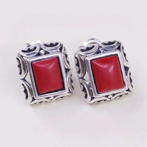 Vtg Handmade 925 Sterling Silver Red Onyx Studs Earrings W/ Filigree Detuals