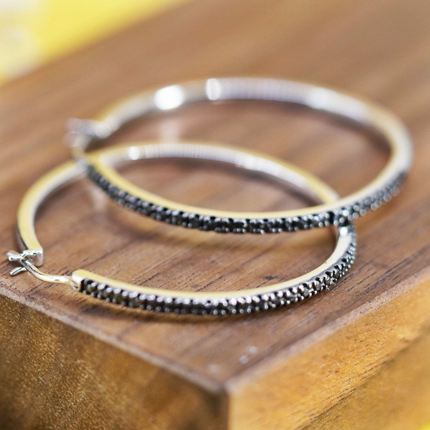 1.5”, Sterling silver hoop earrings, 925 huggie with cluster black diamonds