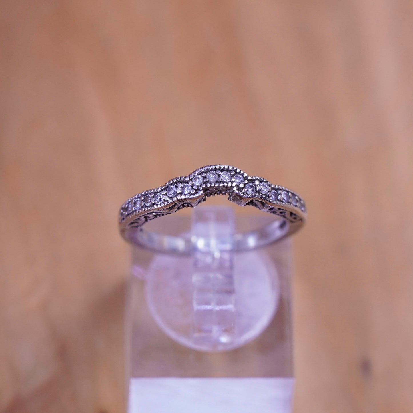Size 6, vintage Sterling 925 silver wedding band ring with clear crystal