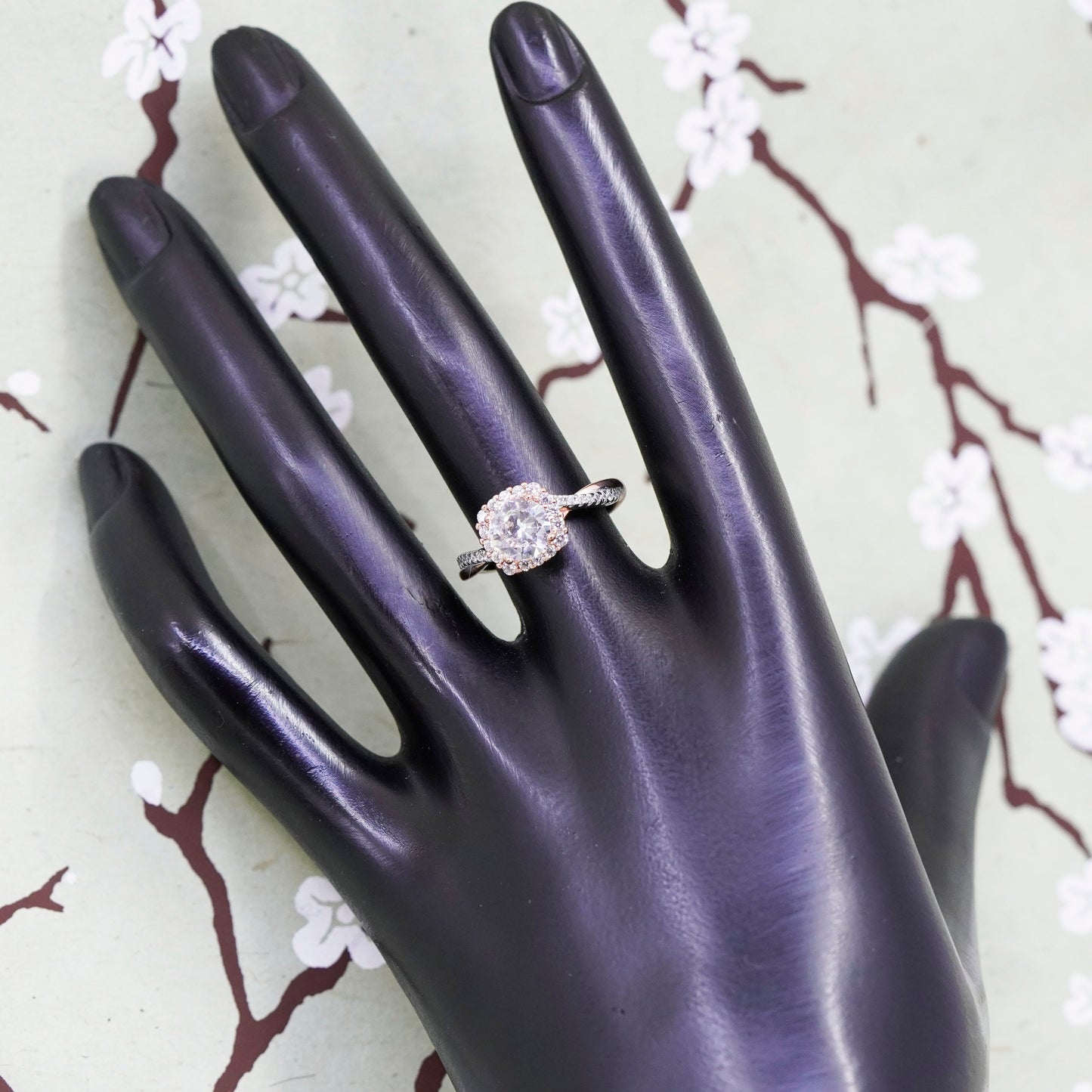 Size 6, two tone Sterling 925 silver engagement ring with emerald CZ cluster cz