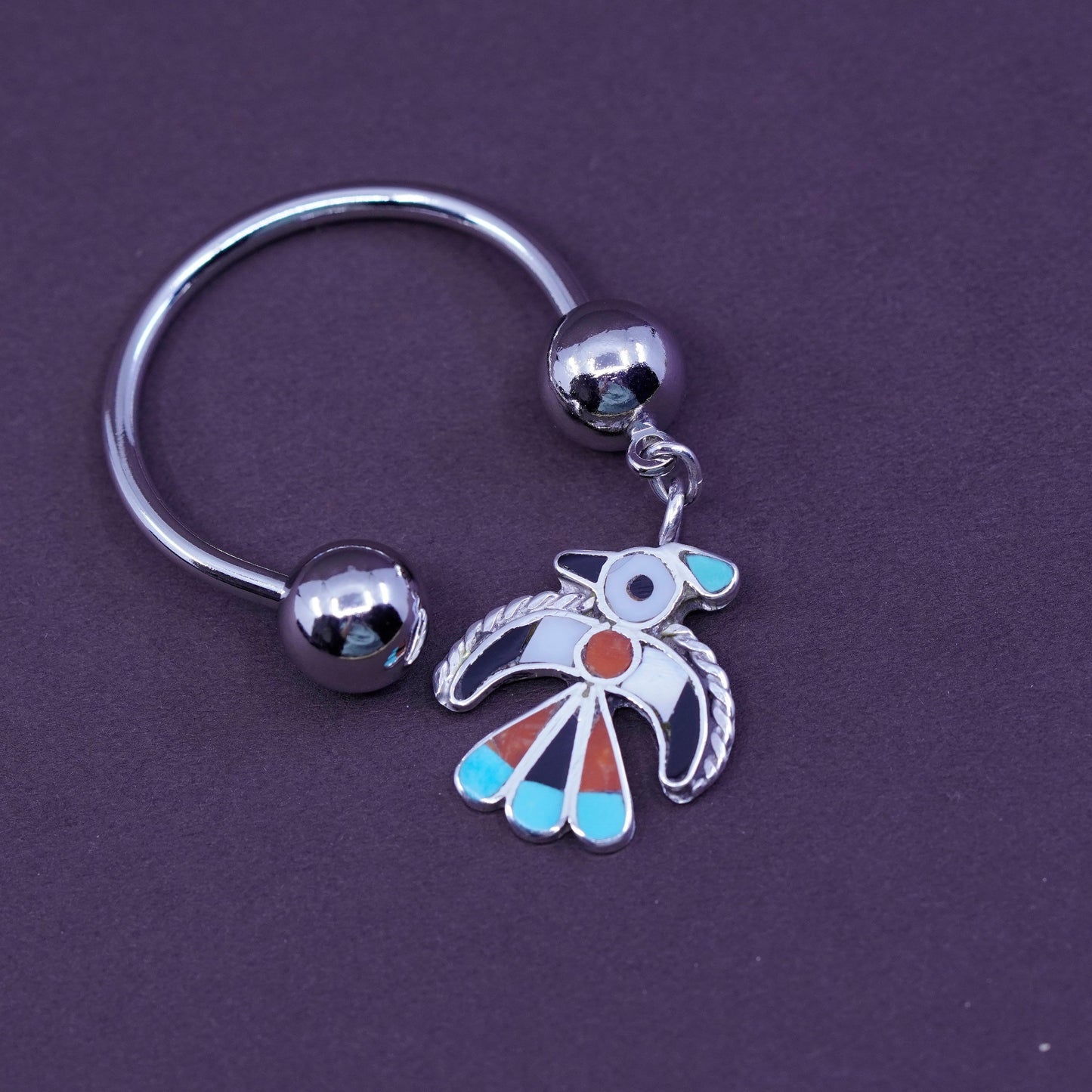 key ring w/ Native American Sterling 925 silver thunder bird charm N turquoise