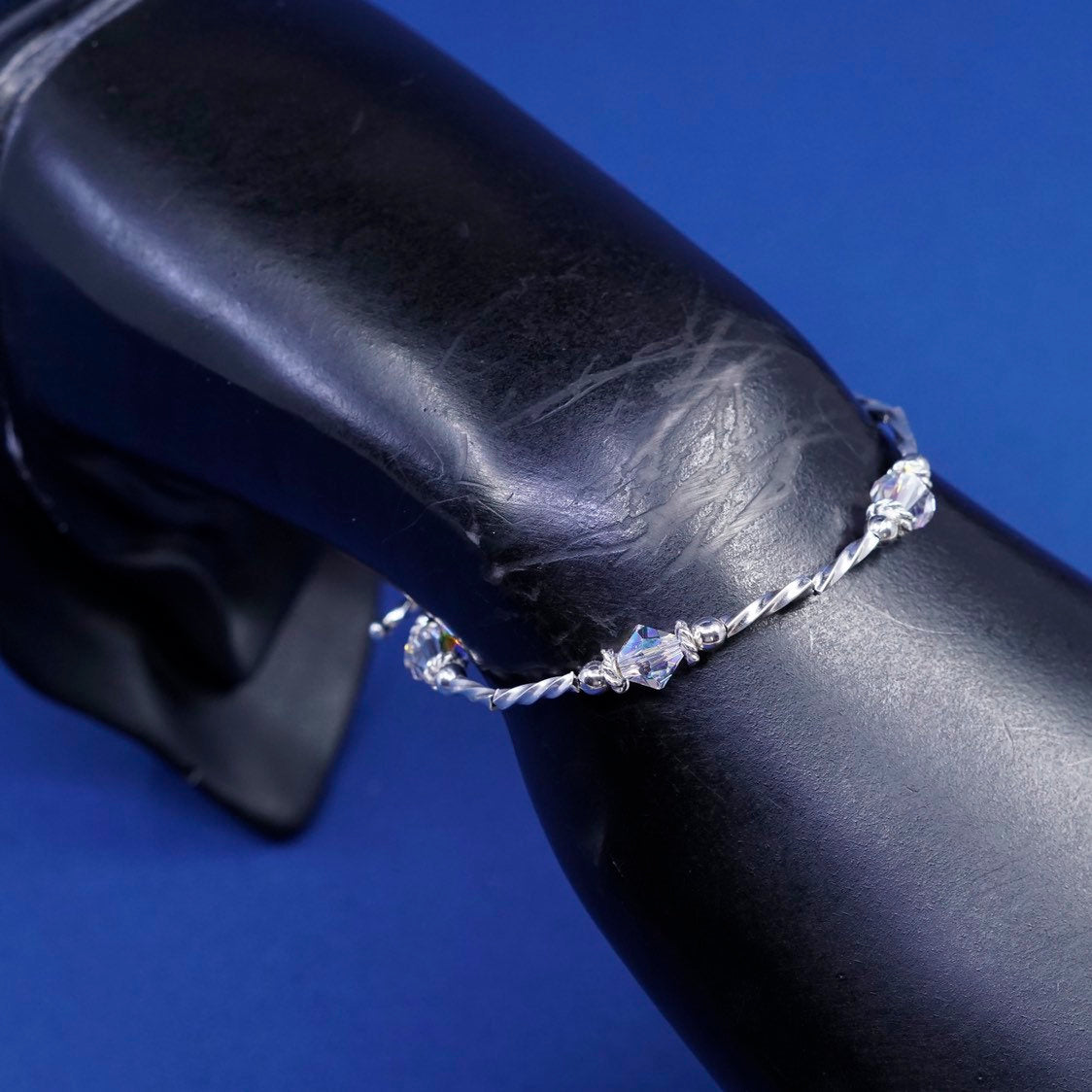 6", vtg Sterling silver handmade bracelet, 925 twisted bar w/ crystal
