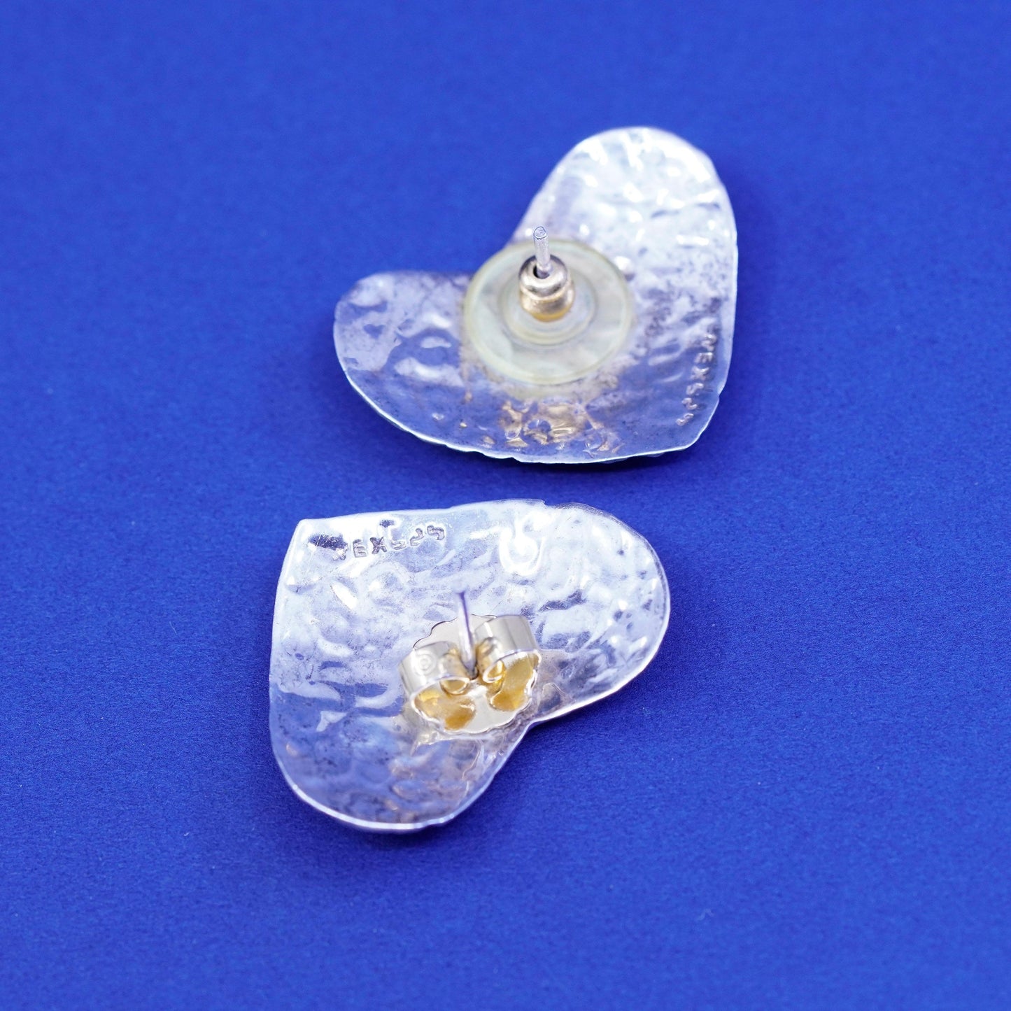two tone Sterling silver handmade earrings, hammered 925 heart studs with brass