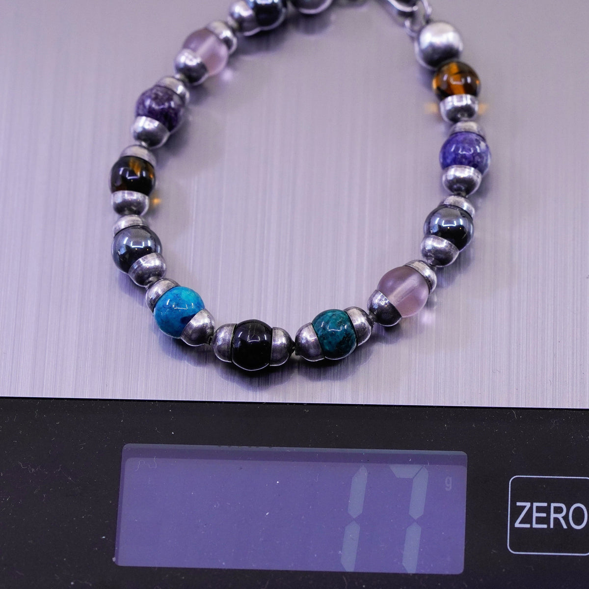 6.75”, Mexico Sterling 925 silver bracelet onyx sodalite jasper hematite amber