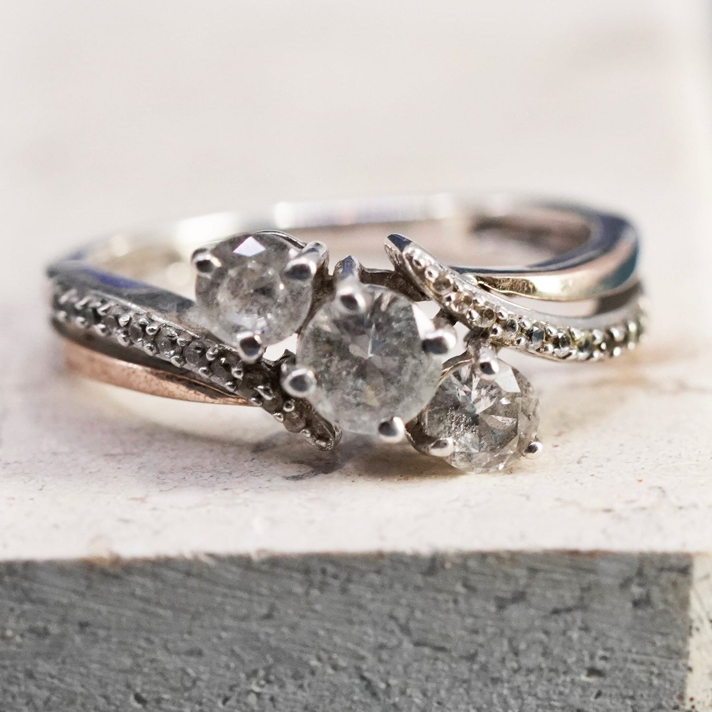 Size 7.5, vintage Sterling 925 silver engagement anniversary ring w/ cluster Cz