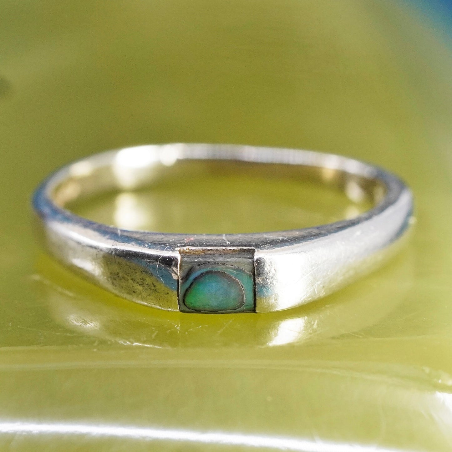 Size 7.25, vintage sterling silver handmade ring, 925 stackable band w/ abalone