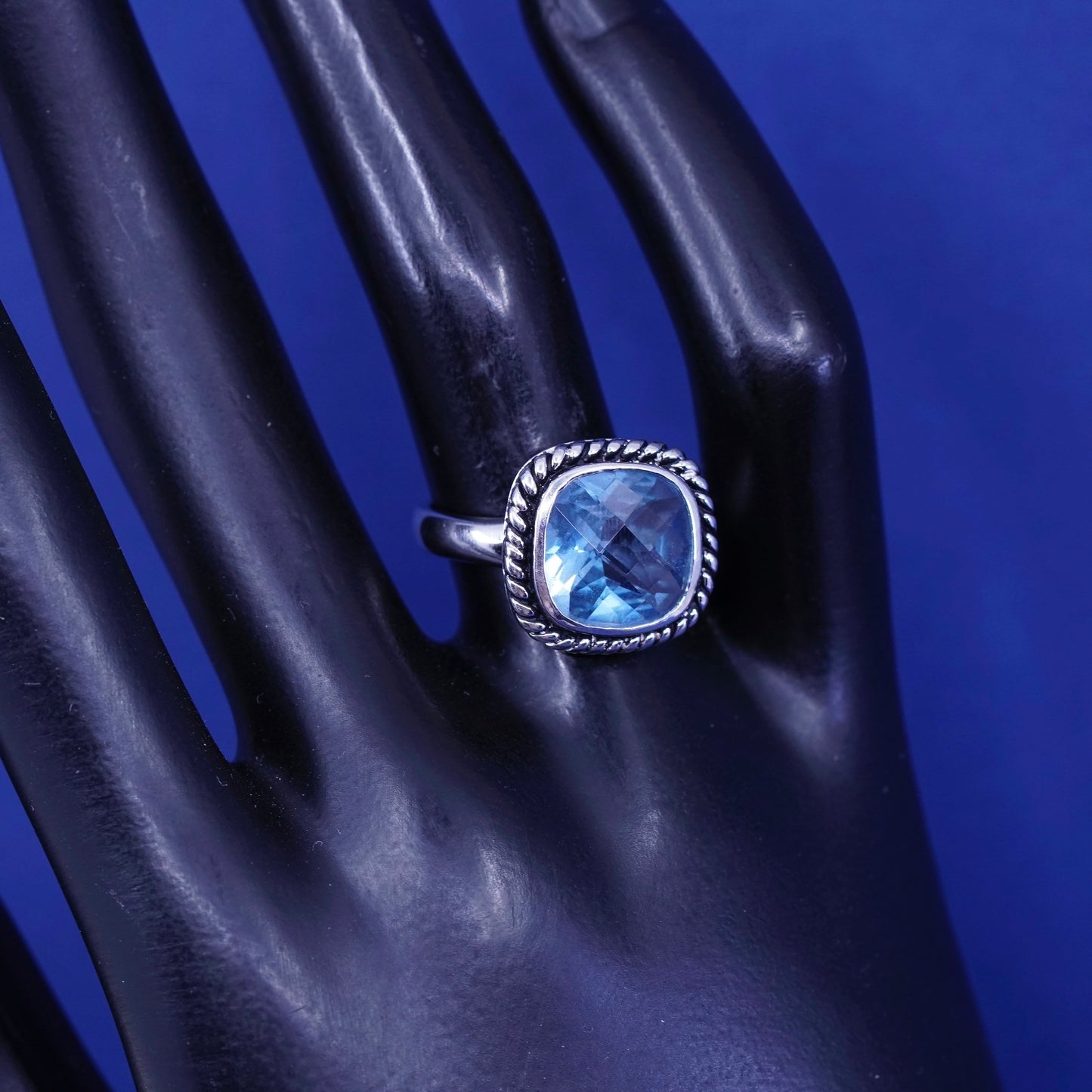 Size 7.75, vintage sterling 925 silver handmade ring with blue topaz and cable