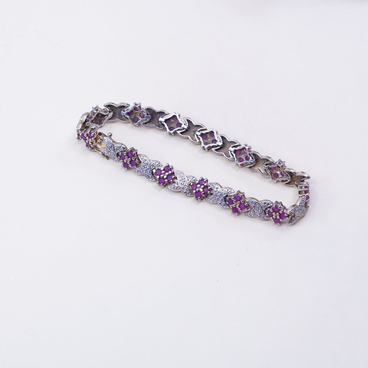 7.5”, vermeil gold over Sterling 925 silver tennis bracelet ruby flower diamond