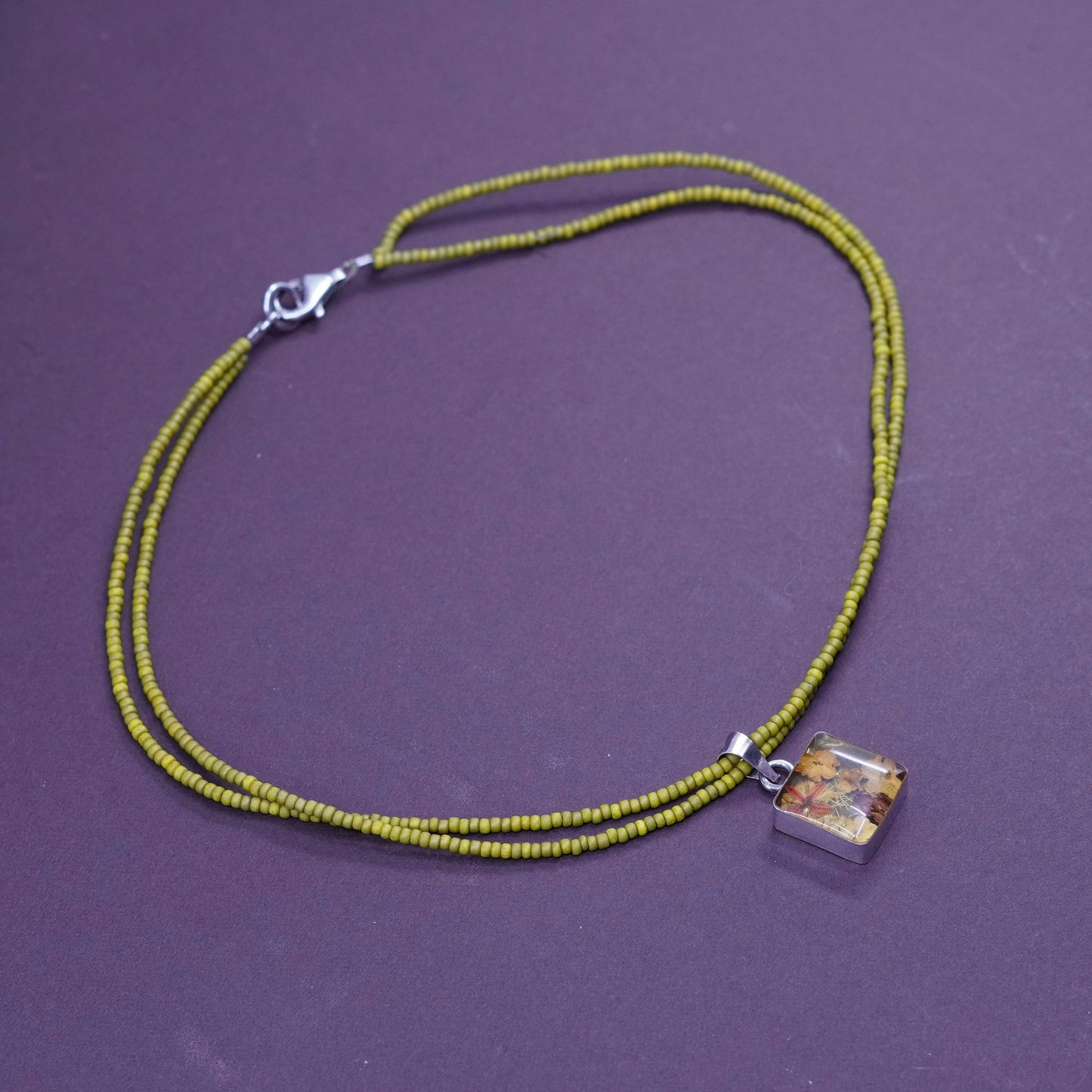 15”, sterling silver handmade necklace, 925 heishi chain resin flower pendant