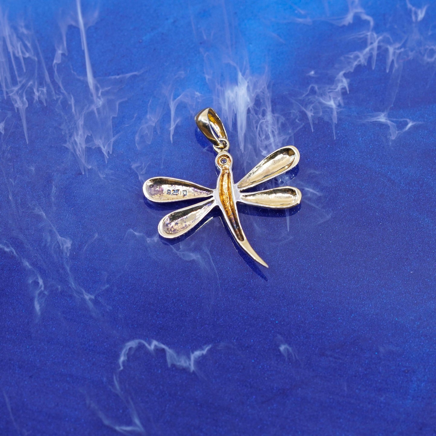 Vintage vermeil gold over Sterling silver 925 dragonfly pendant genuine diamond