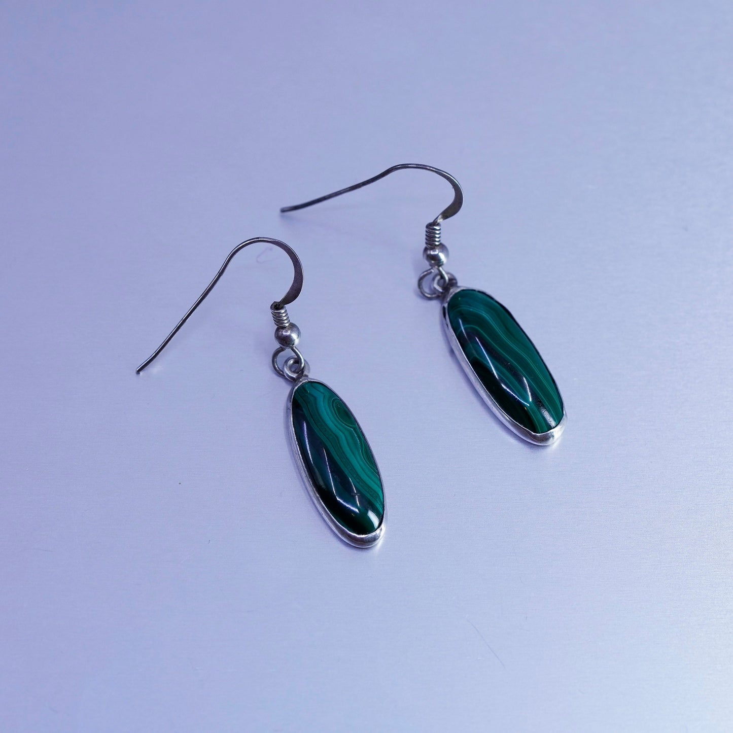 Vintage Mexico Sterling 925 silver handmade earrings with oval malachite