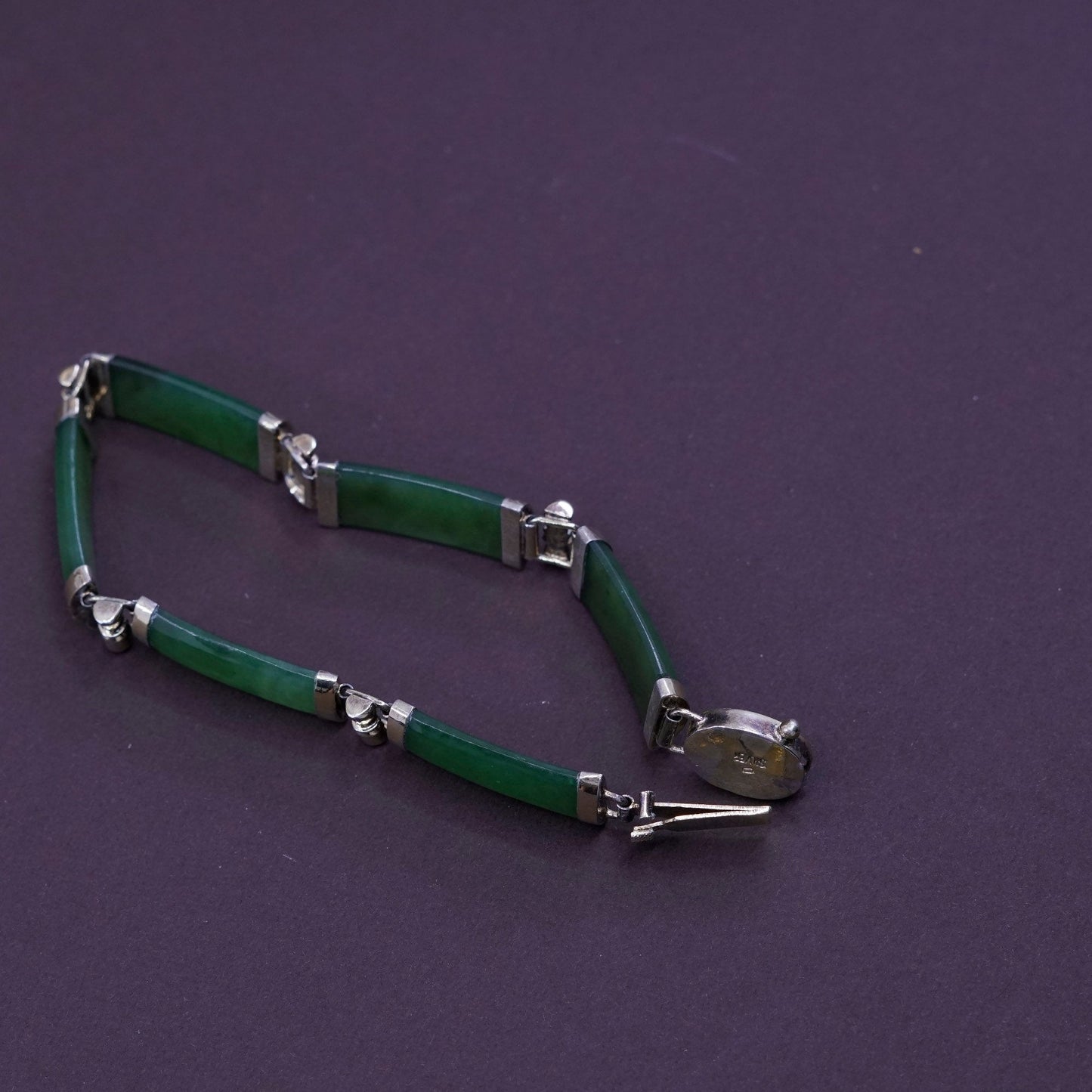 7.25”, vtg vermeil gold over Sterling 925 silver tennis bracelet w/ green jade