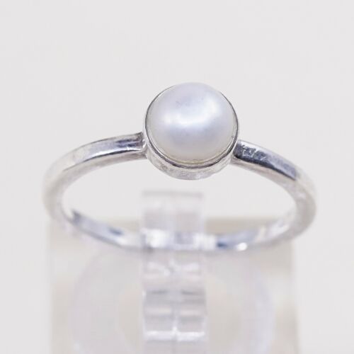 Sz 7, Vtg Sterling 925 Silver Handmade Ring W/ Freshwater Pearl, Simple Elegant