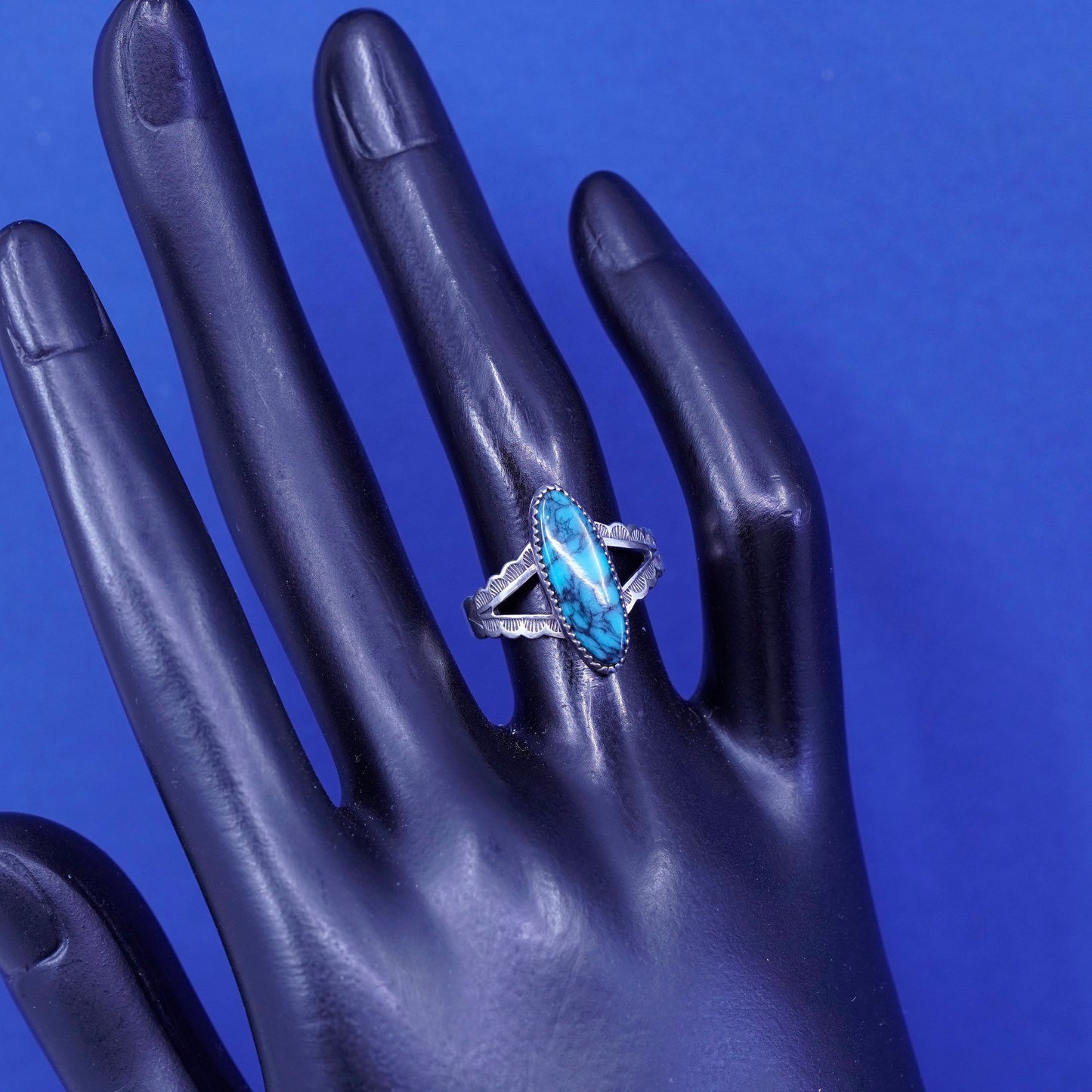 Size 6.5, Sterling silver ring with spiderwebbed turquoise, Native American