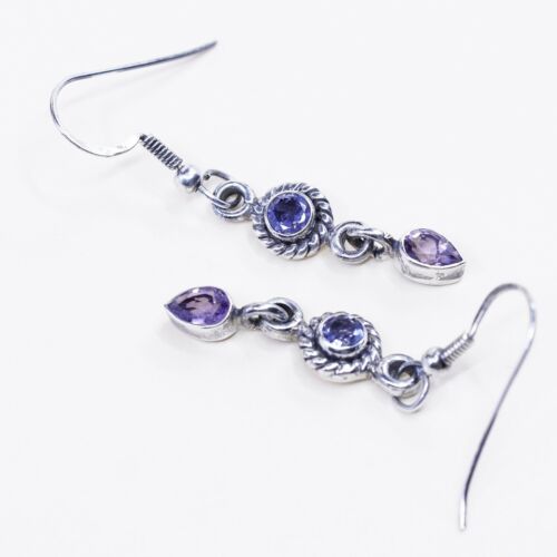 vtg sterling silver handmade earrings, 925 w/ teardrop amethyst drops