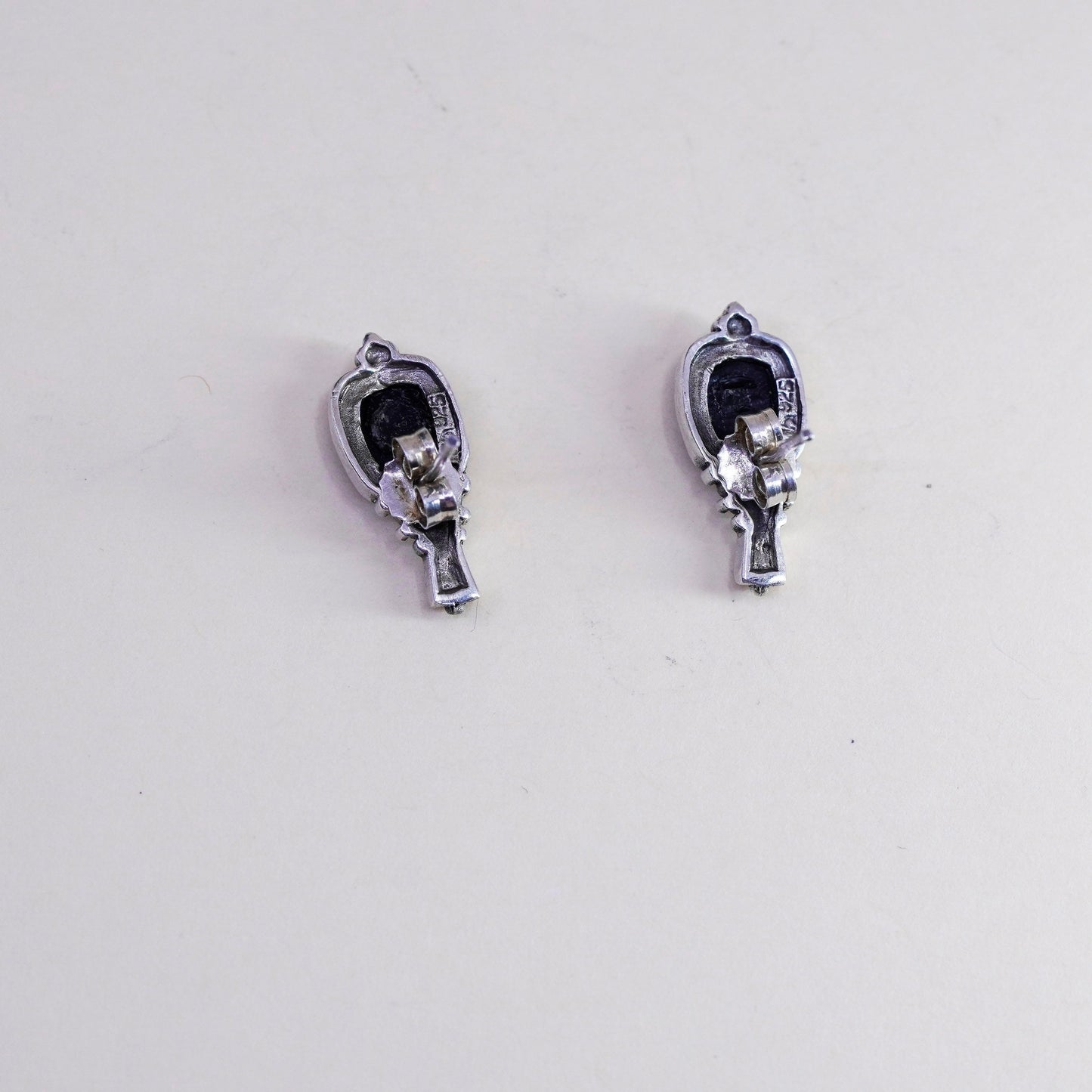 Vintage Sterling silver handmade earrings, Mexico 925 studs with onyx