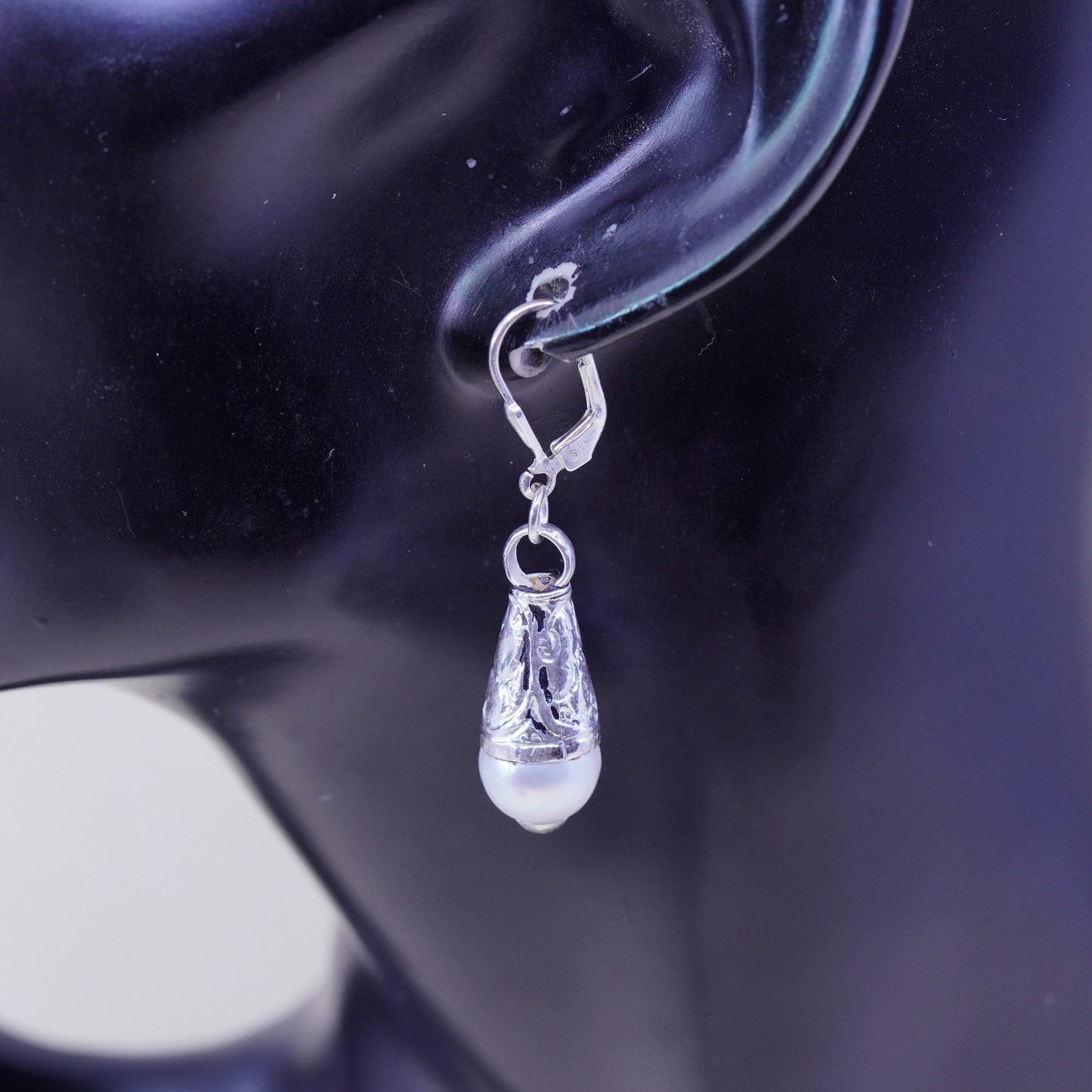 Vintage southwestern sterling silver handmade earrings, 925 teardrop with pearl