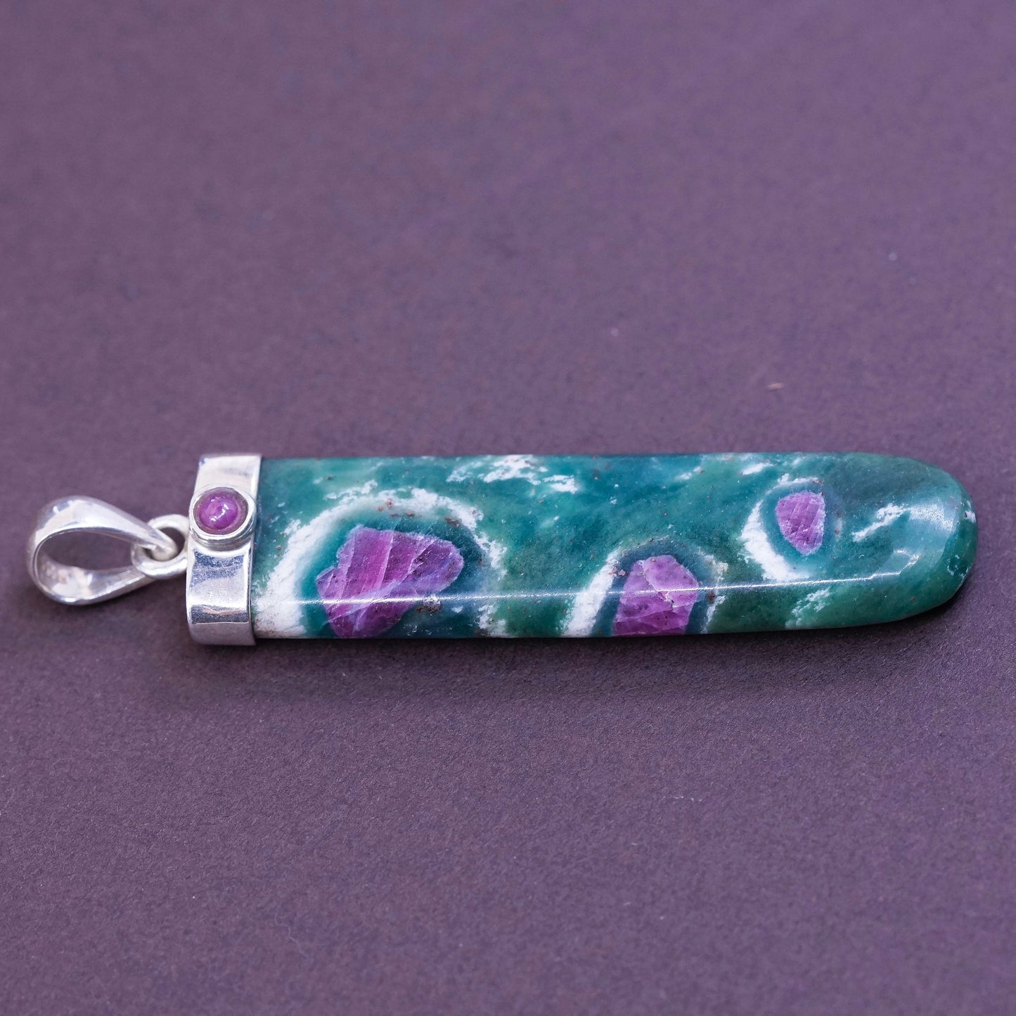 Vintage Sterling 925 silver handmade pendant with long green and purple jade