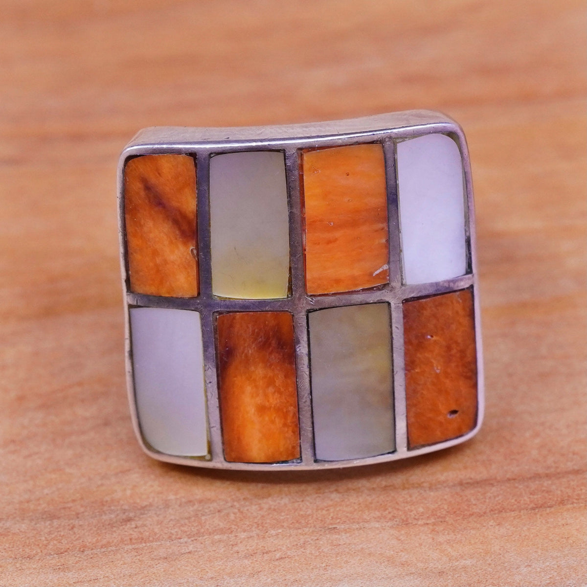 Size 9, VTG Sterling 950 silver square ring w/ red coral MOP, Native American