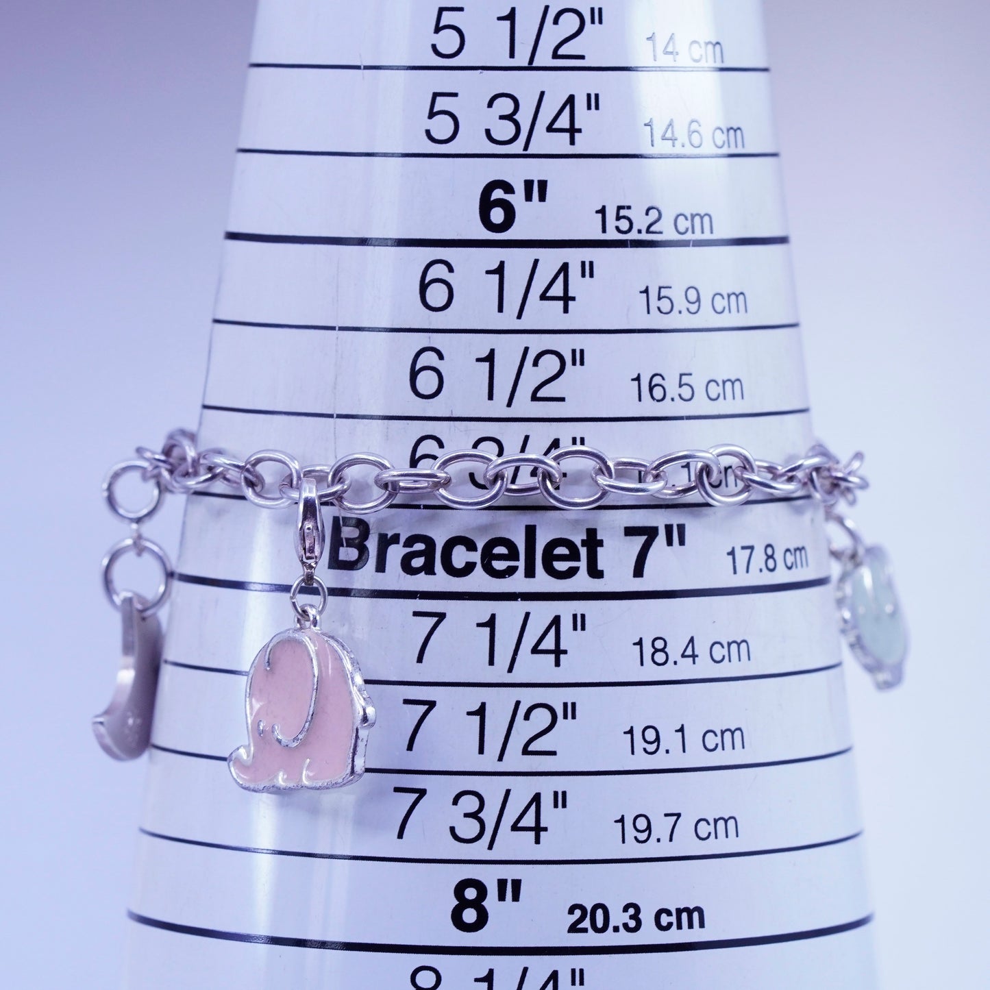 6.75”, Sterling 925 silver bracelet circle chain moon enamel elephant charms