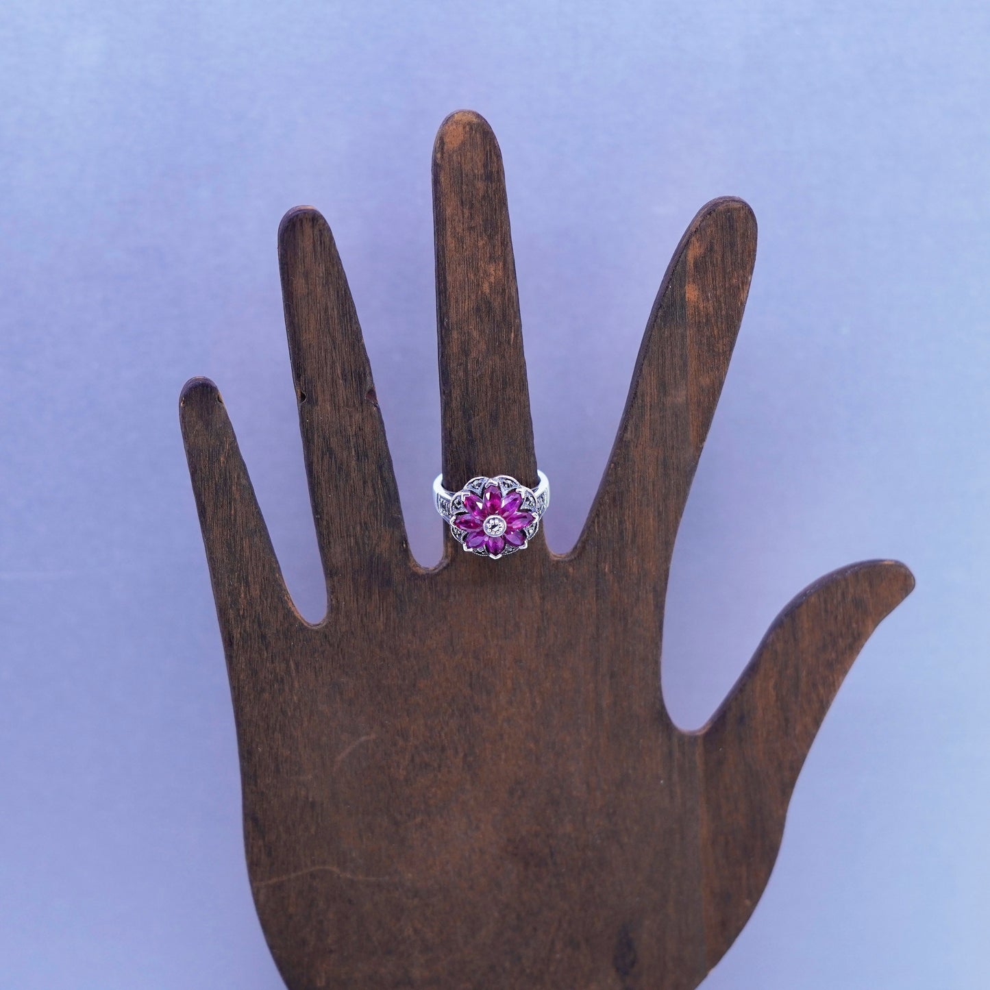 sz 5, designer Sterling 925 silver handmade statement crown ring ruby marcasite