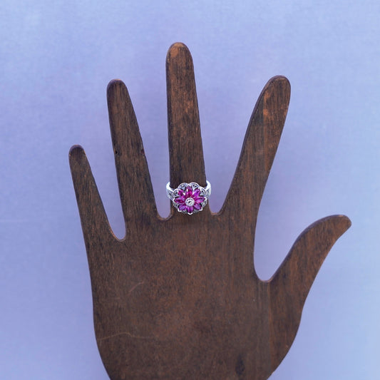 sz 5, designer Sterling 925 silver handmade statement crown ring ruby marcasite