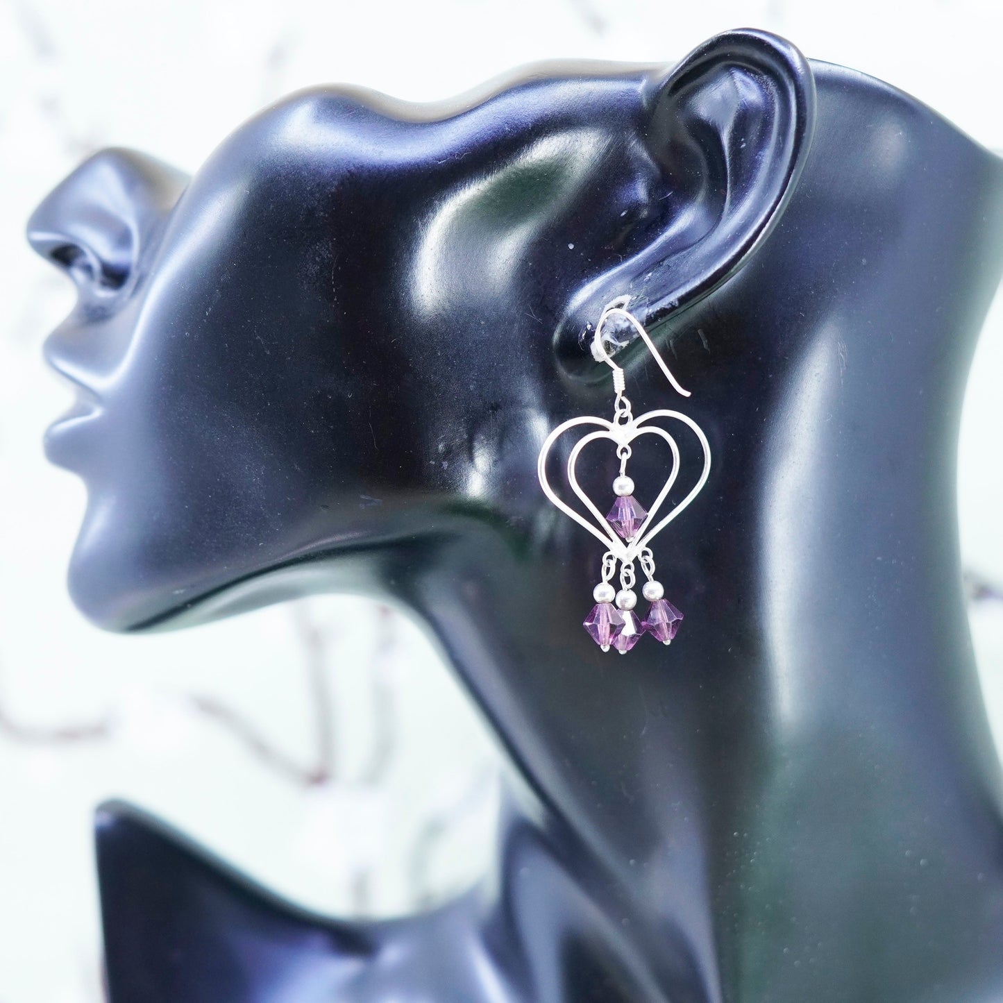 Vintage sterling silver handmade earrings, 925 heart with purple crystal