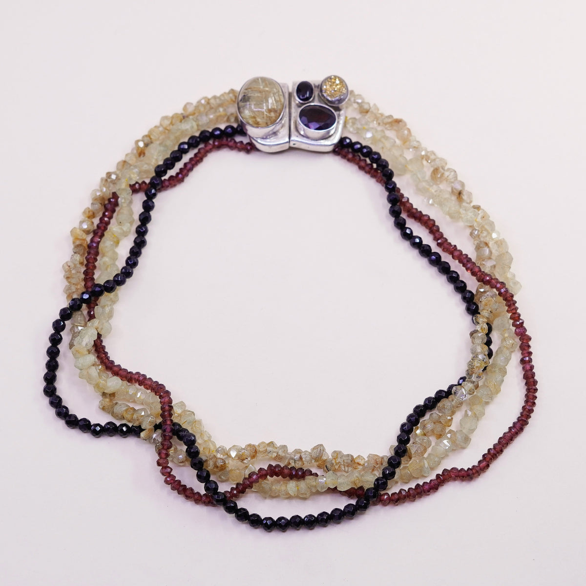 16”, sterling silver necklace, 925 tigers eye rutilated quartz citrine garnet